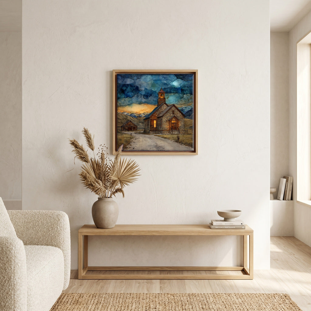 In the living room, above the sofa.