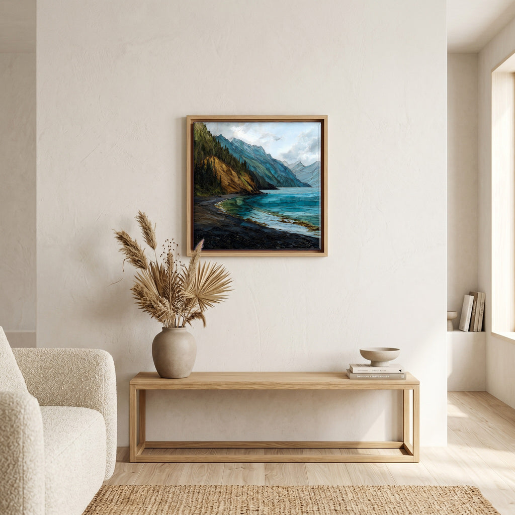 In the living room, above the sofa.