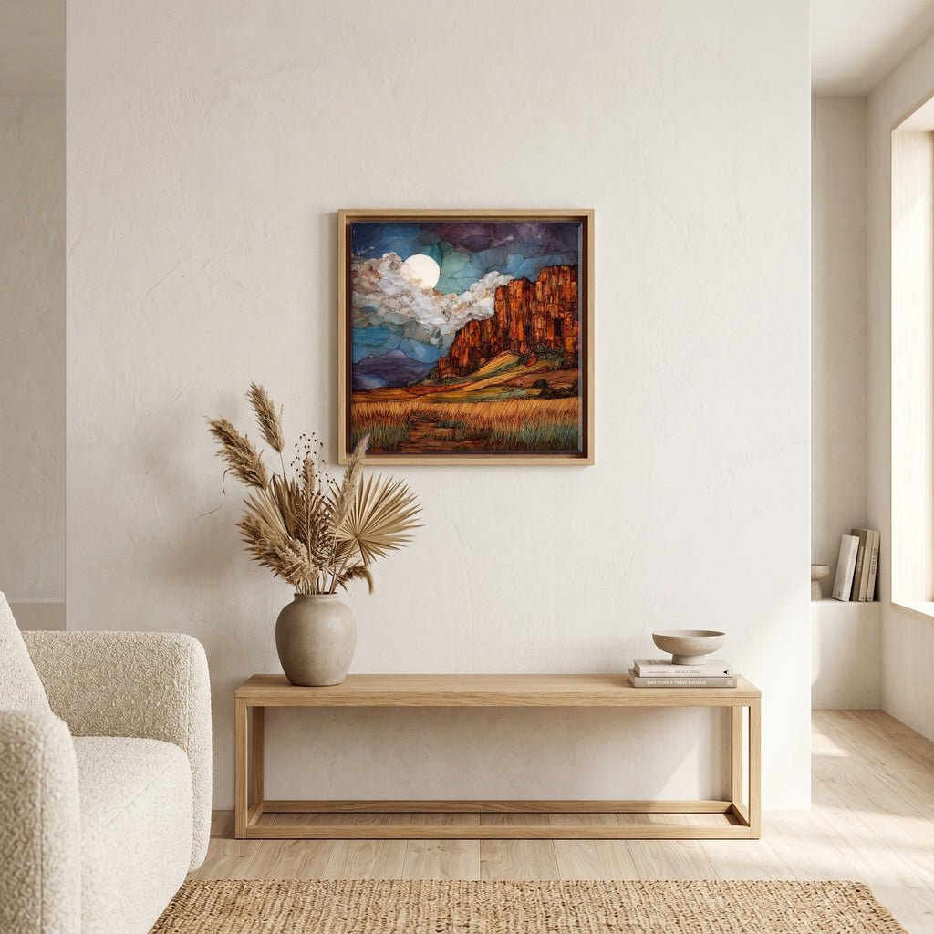 In the living room, above the sofa.