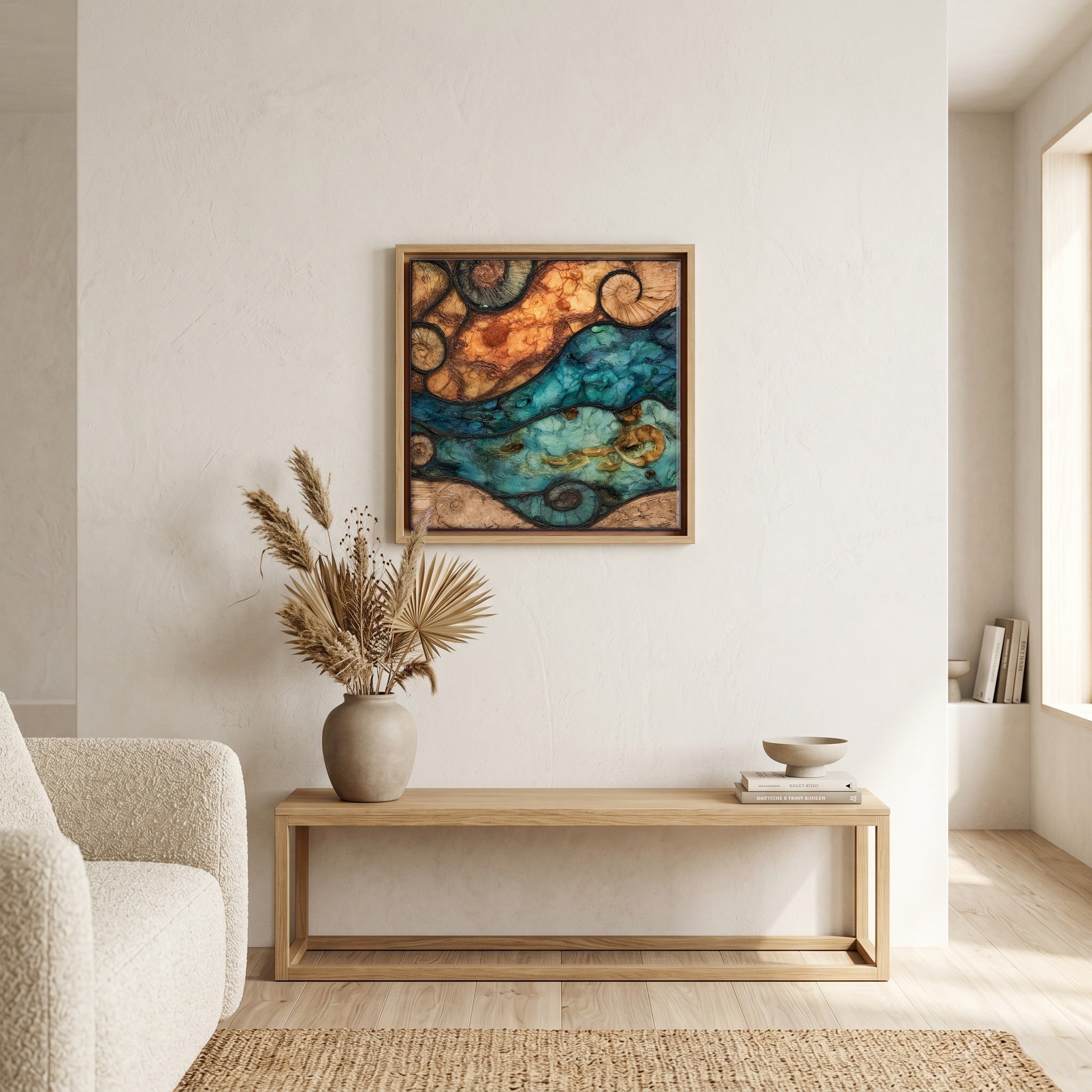 In the living room, above the sofa.