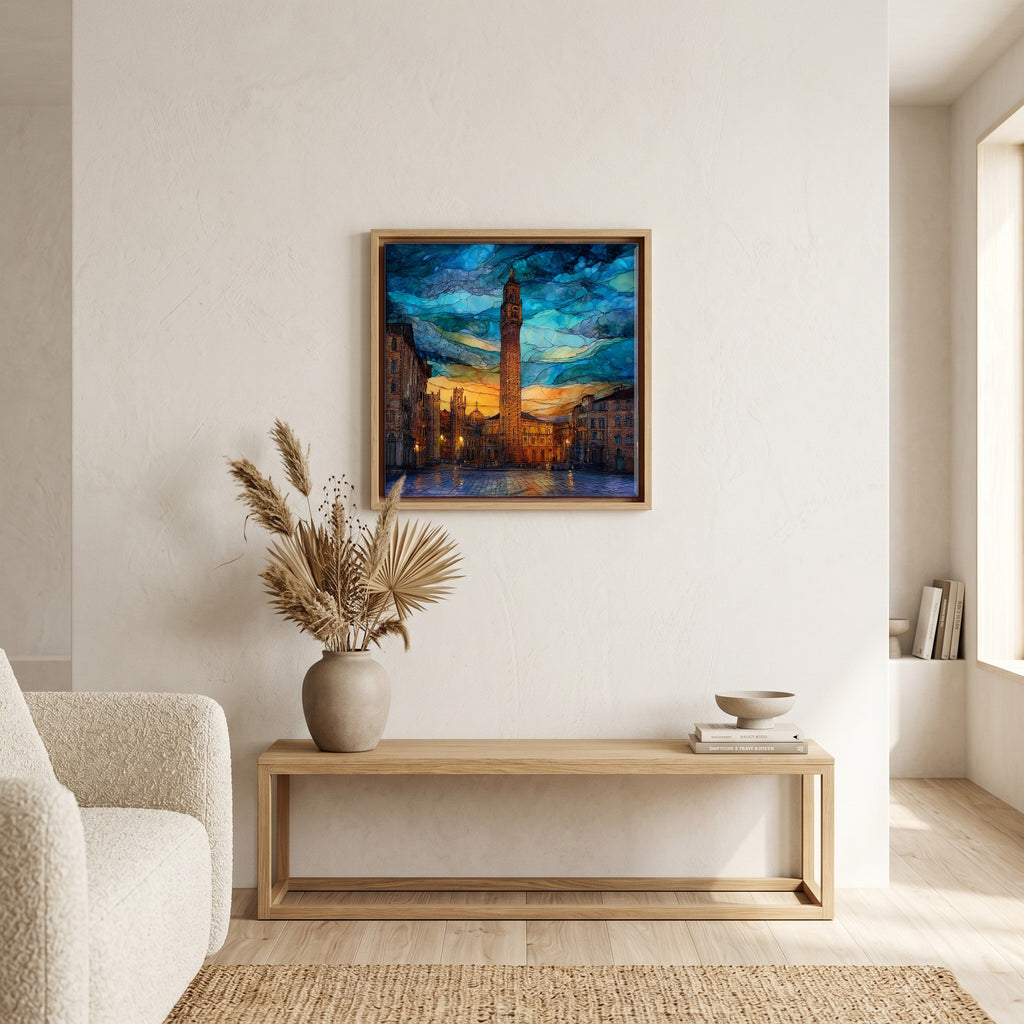 Above the bench, in a warm oak surround.