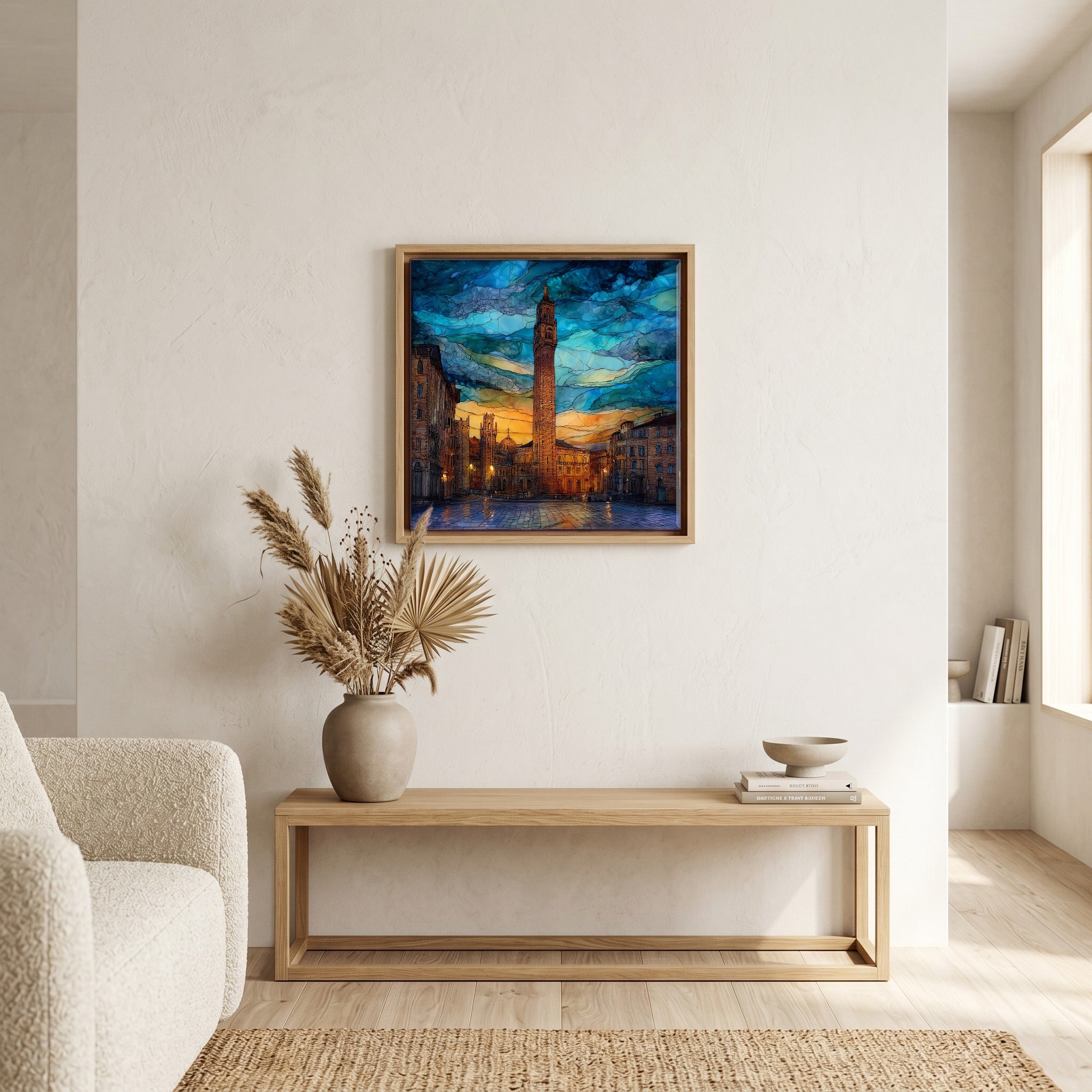Above the bench, in a warm oak surround.