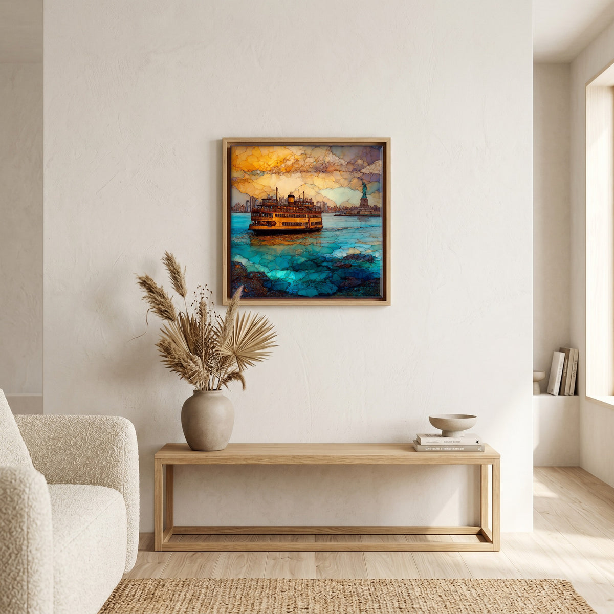 In the living room, above the sofa.