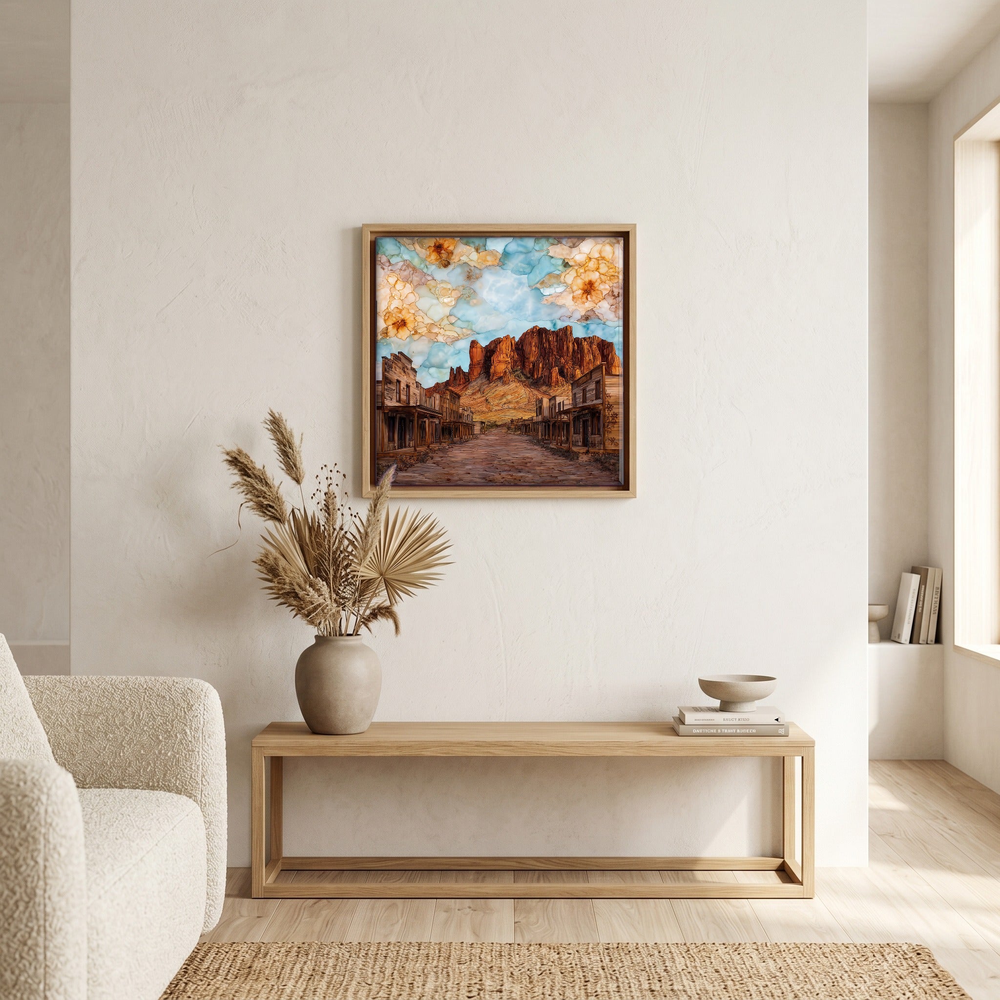 In the living room, above the sofa.