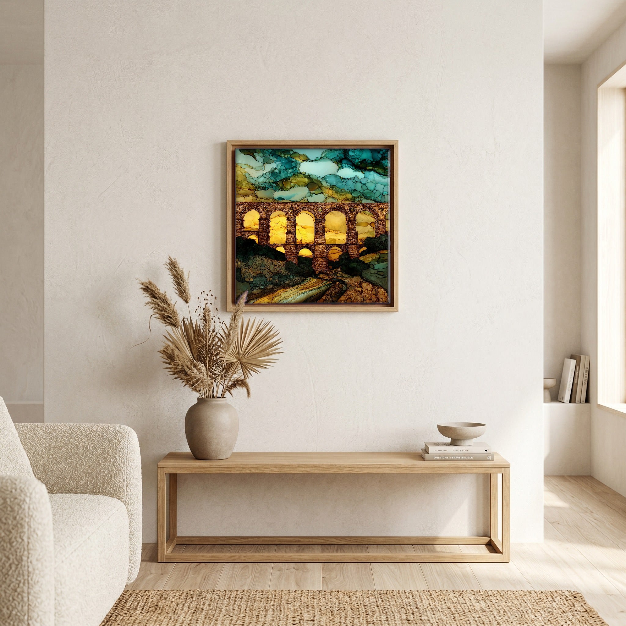 Above the bench, in a warm oak surround.