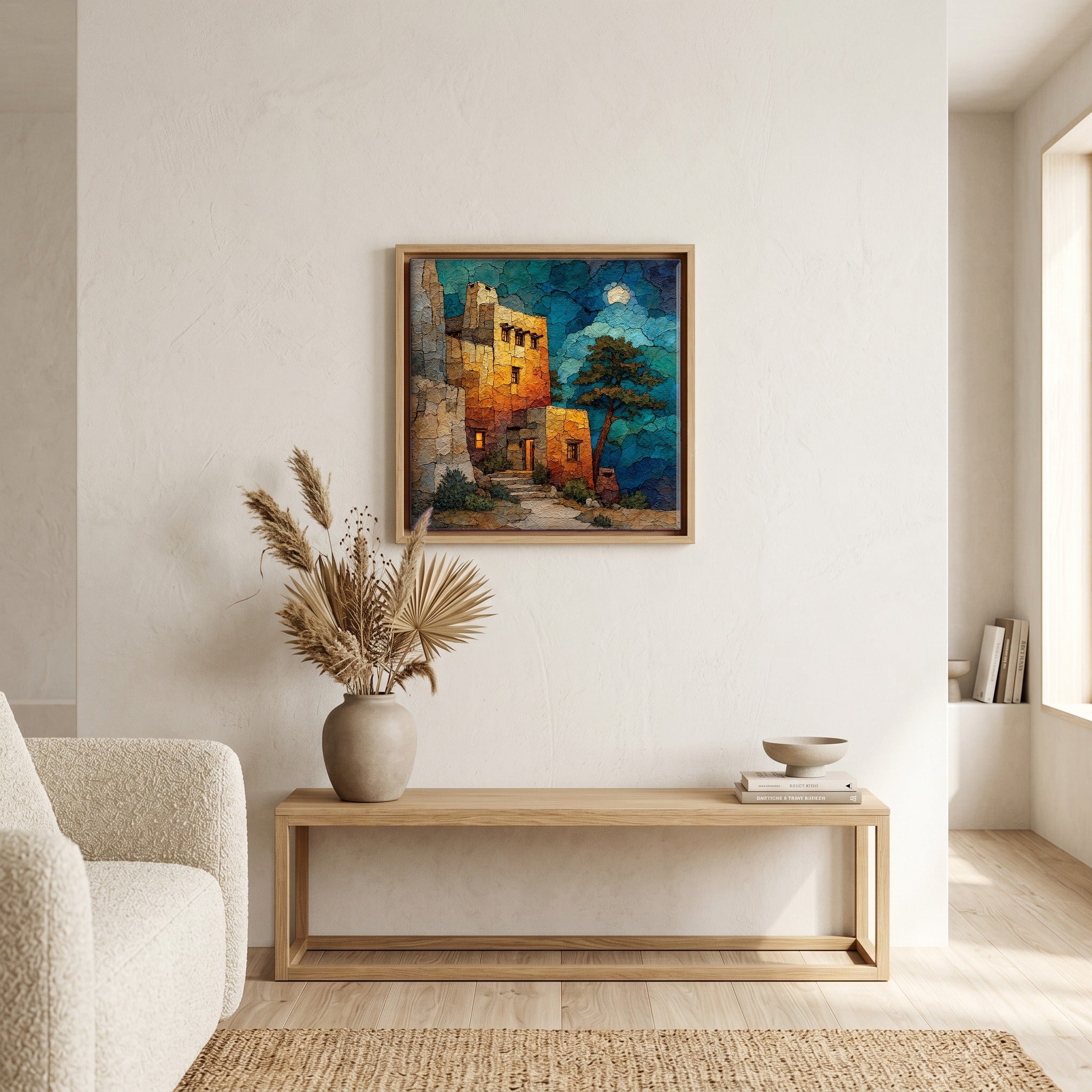 In the living room, above the sofa.