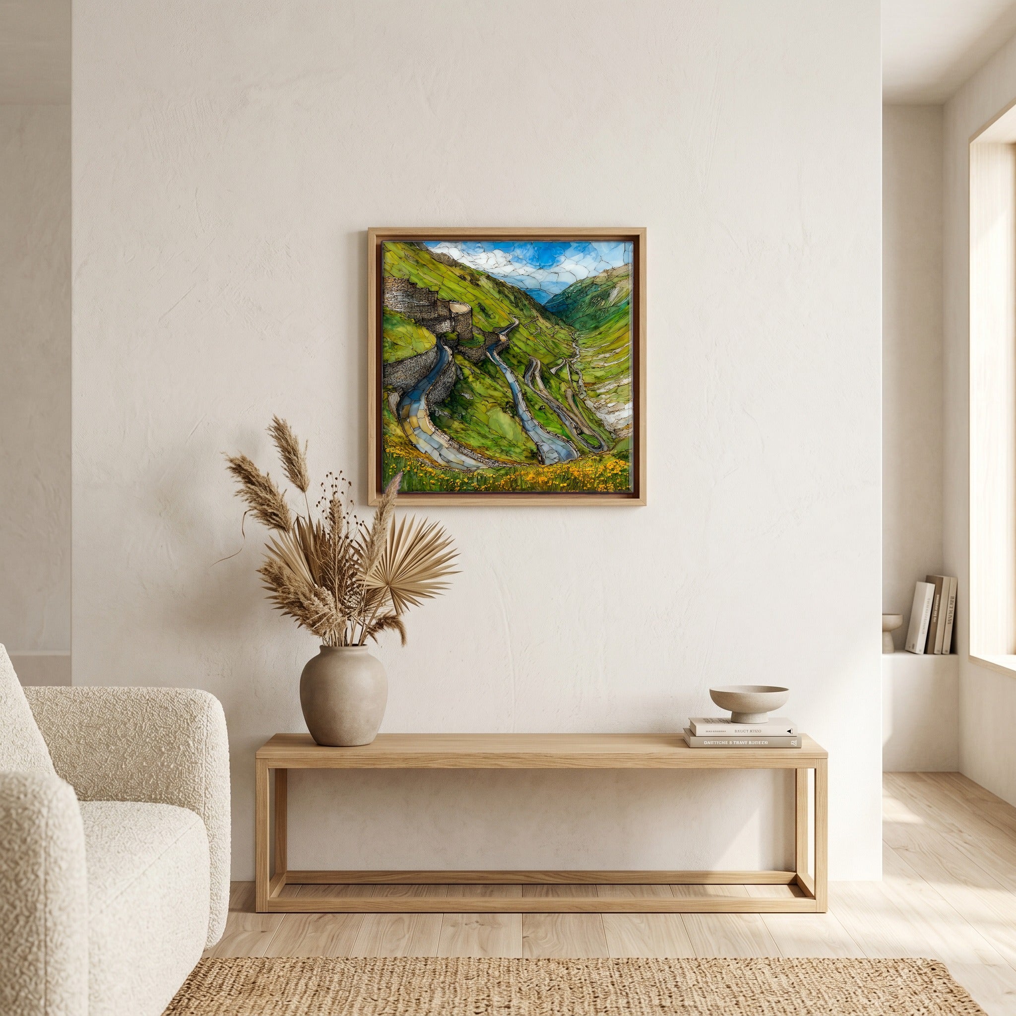 Above the bench, in a warm oak surround.