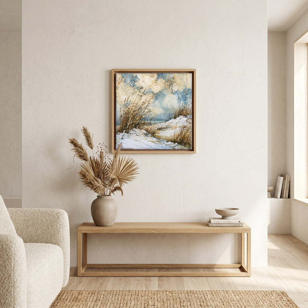 In the living room, above the sofa.