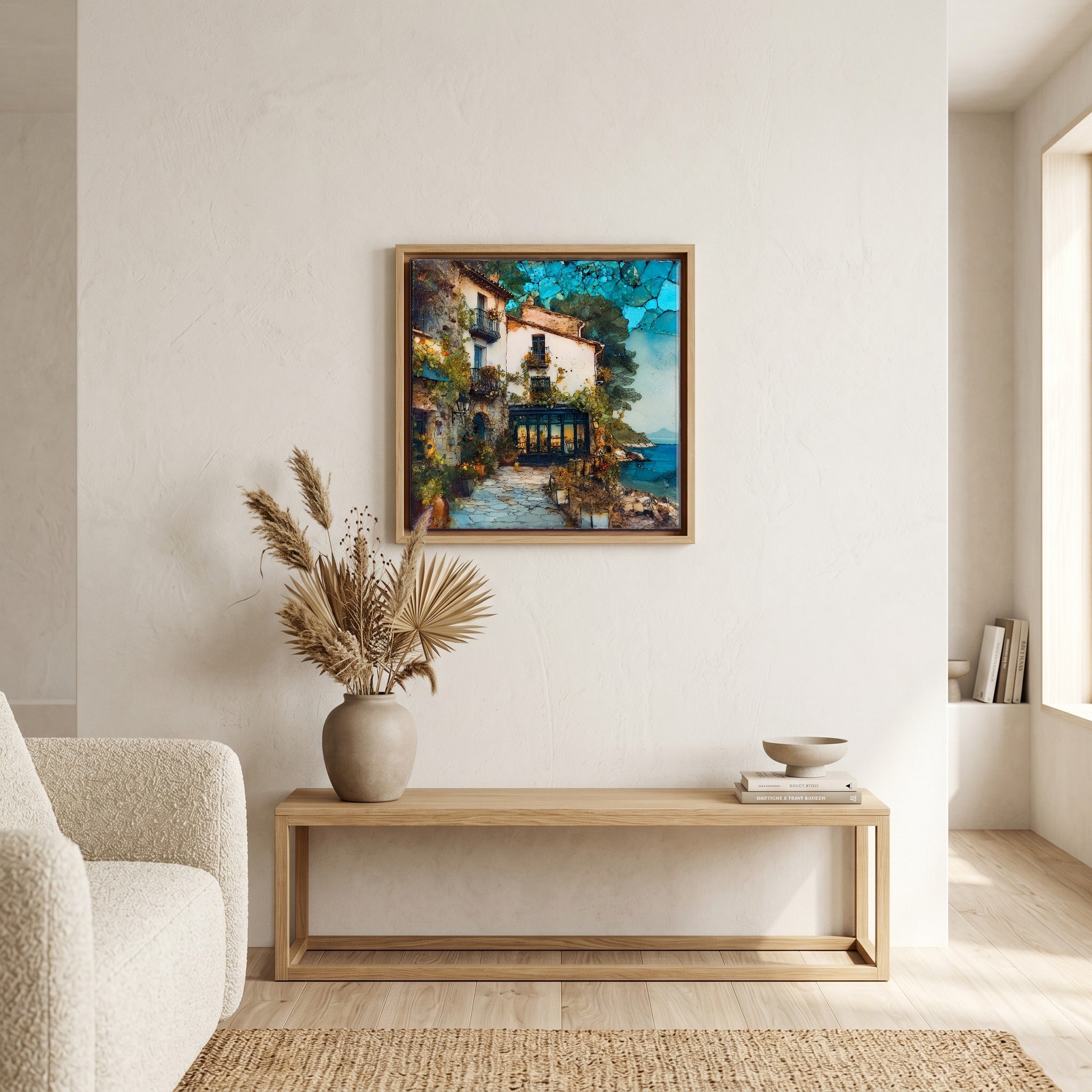 In the living room, above the sofa.