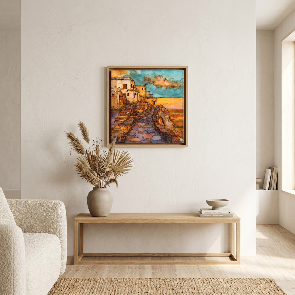 In the living room, above the sofa.