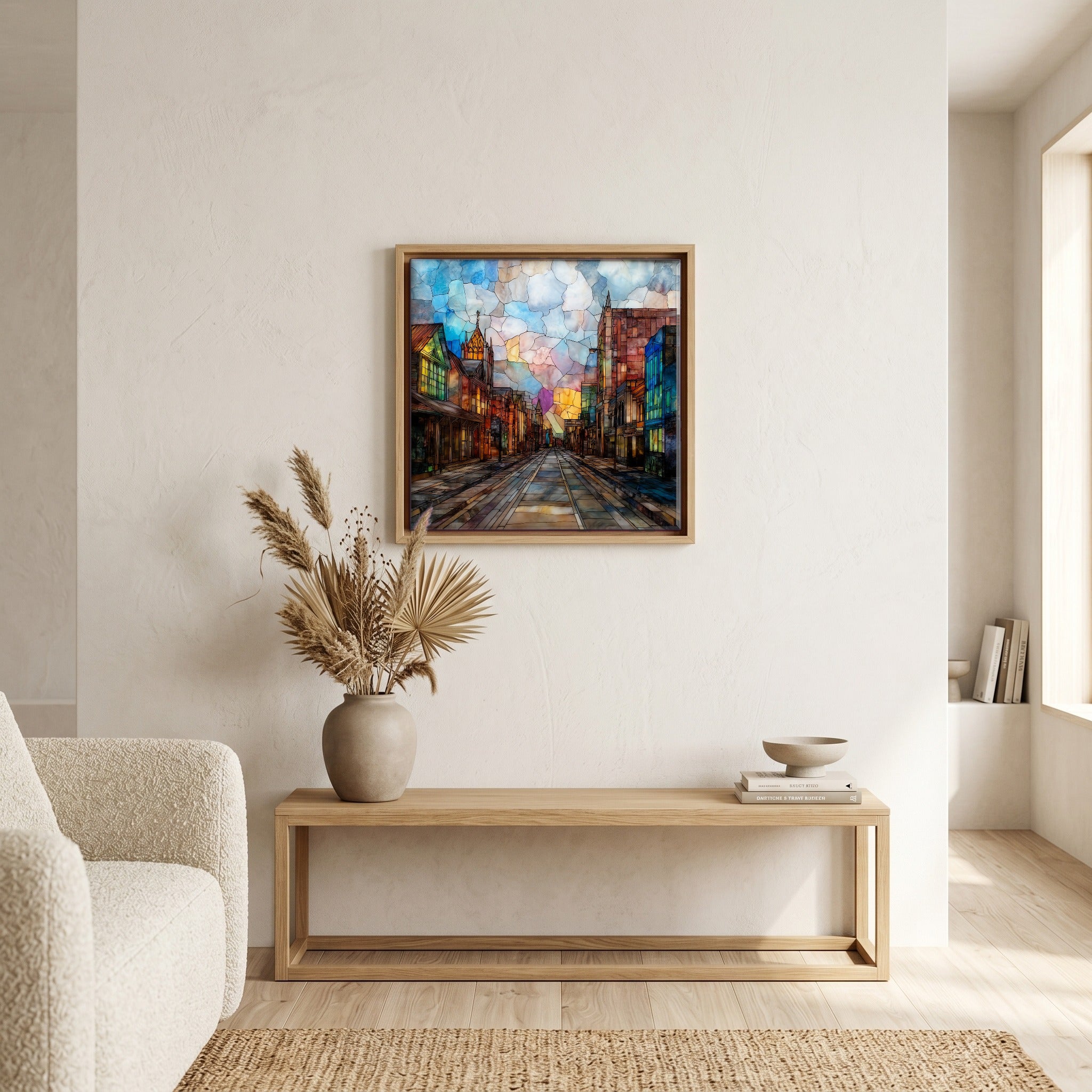 In the living room, above the sofa.