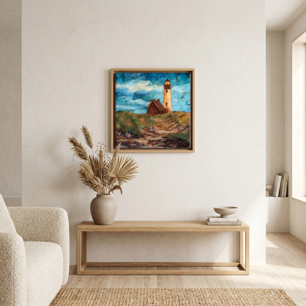 In the living room, above the sofa.