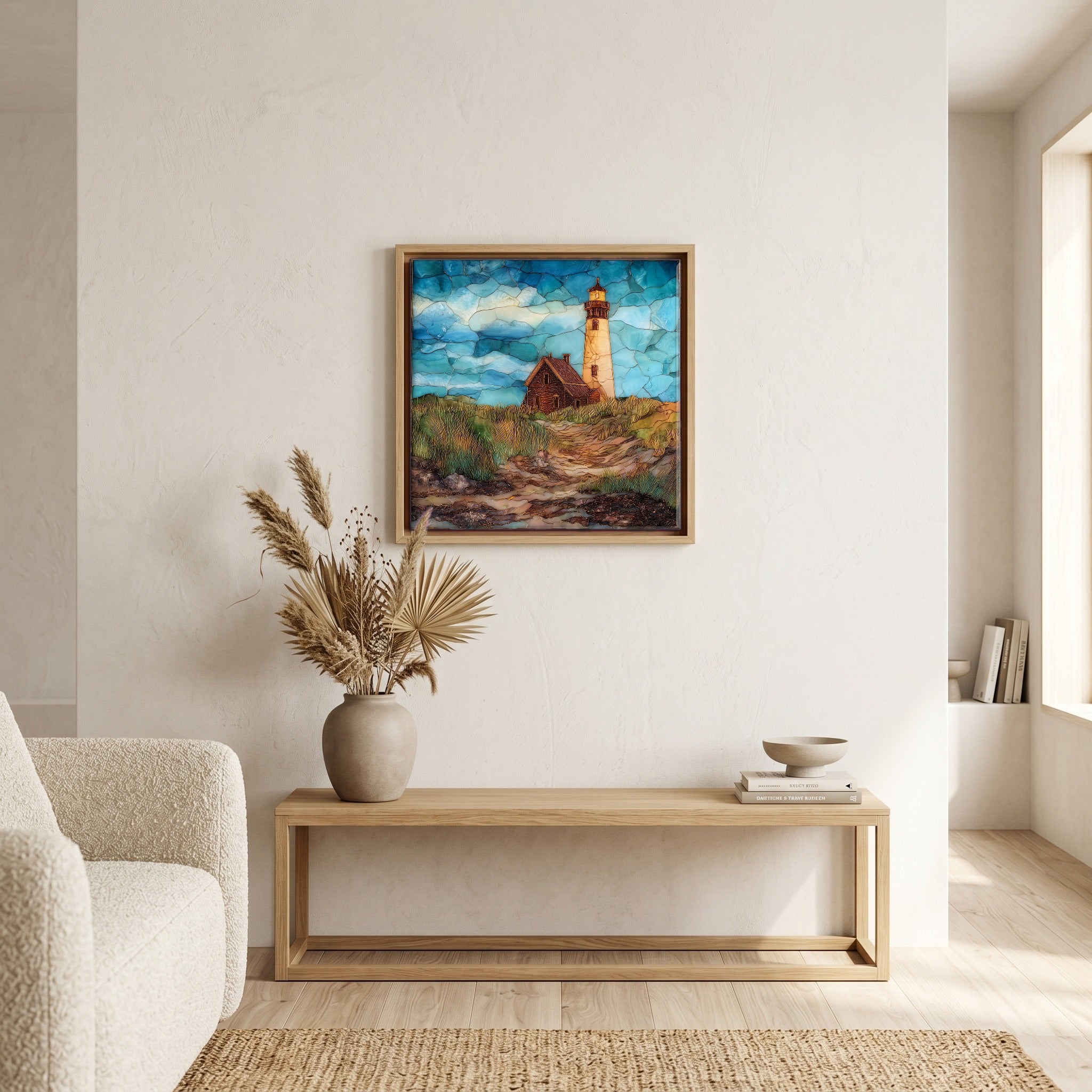 In the living room, above the sofa.