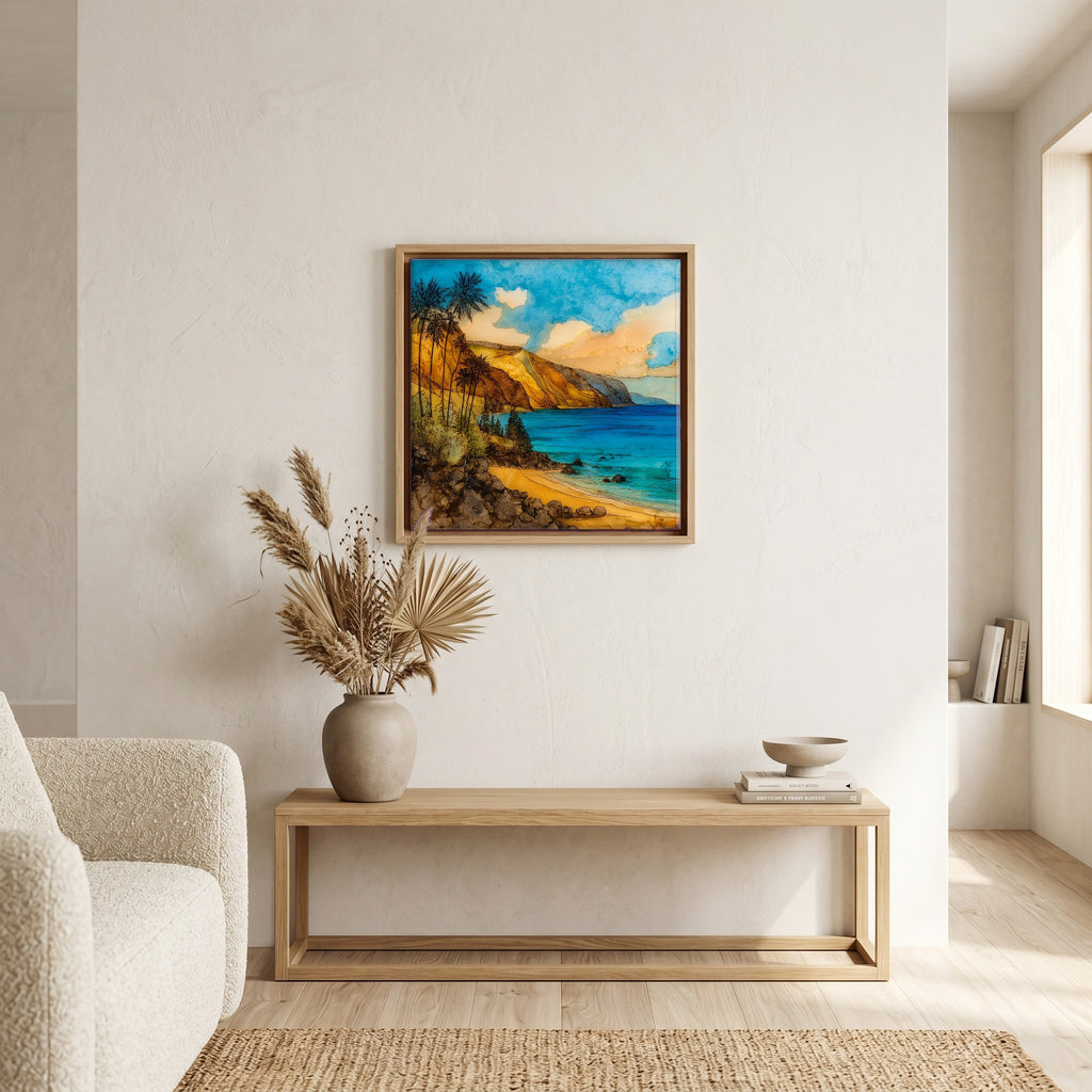 Above the bench, in a warm oak surround.
