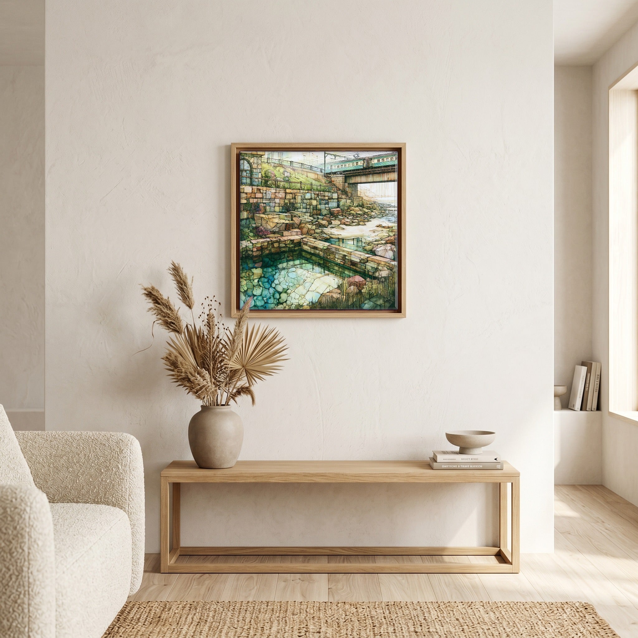 In the living room, above the sofa.