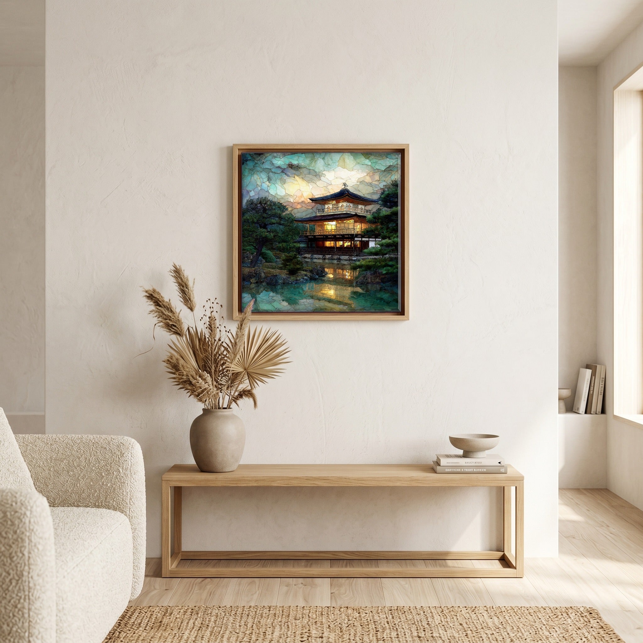 In the living room, above the sofa.