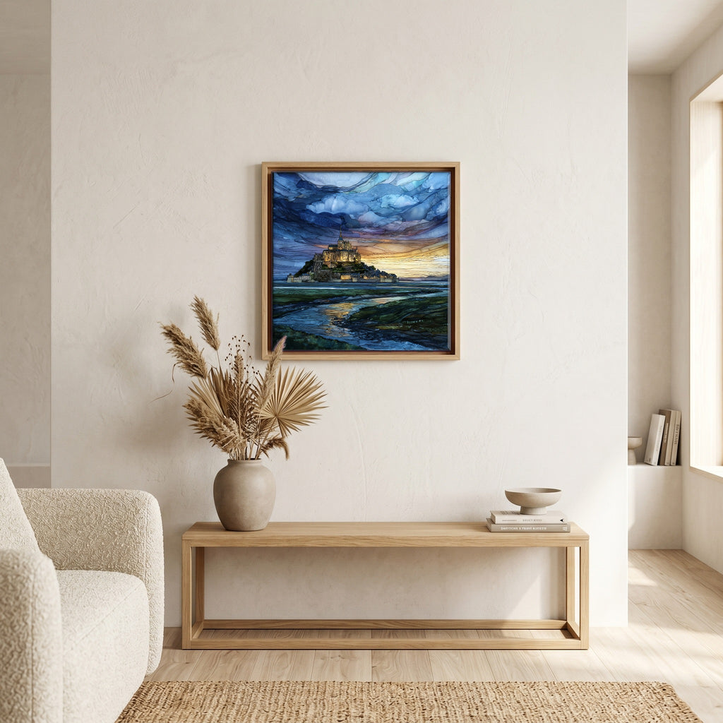 Above the bench, in a warm oak surround.