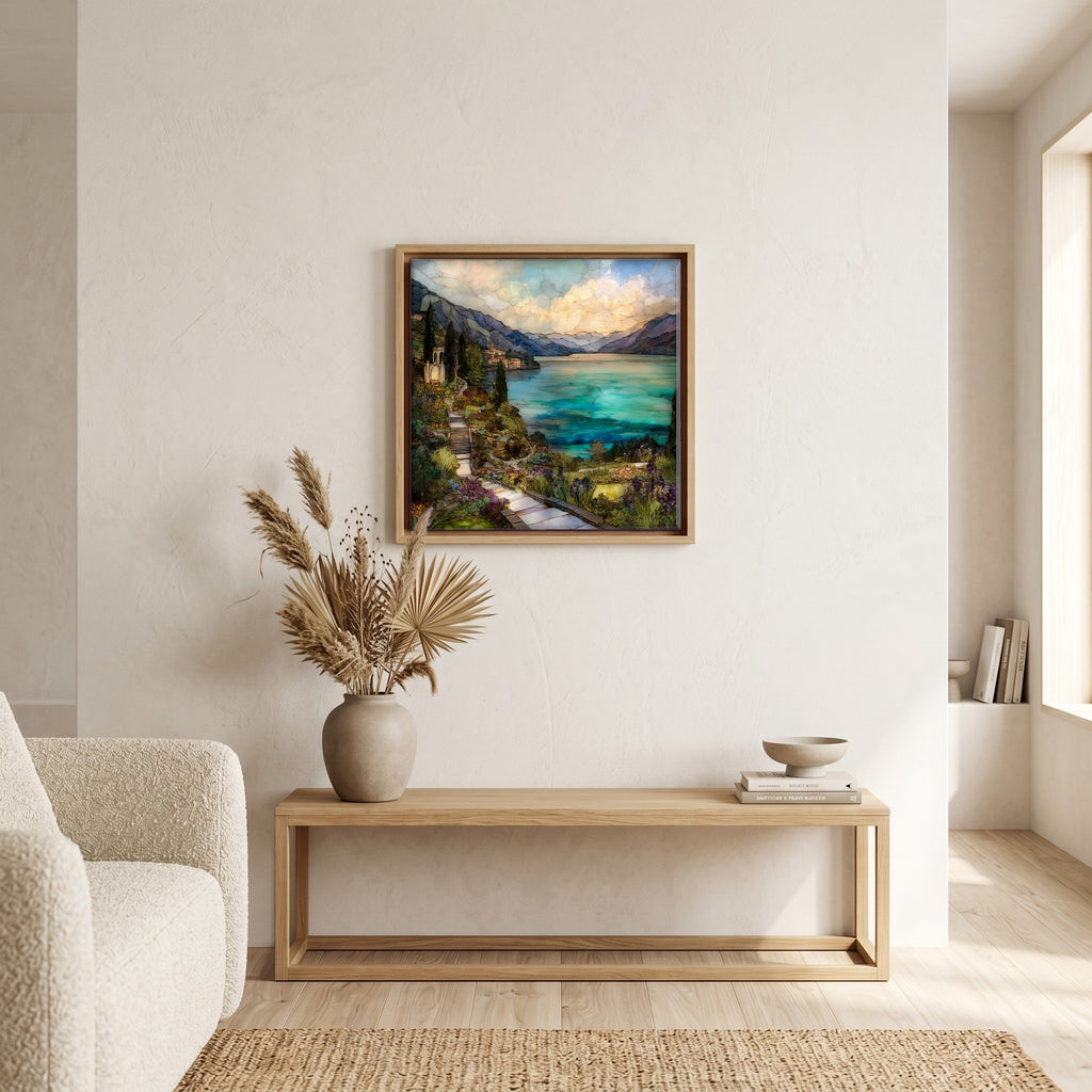 Above the bench, in a warm oak surround.