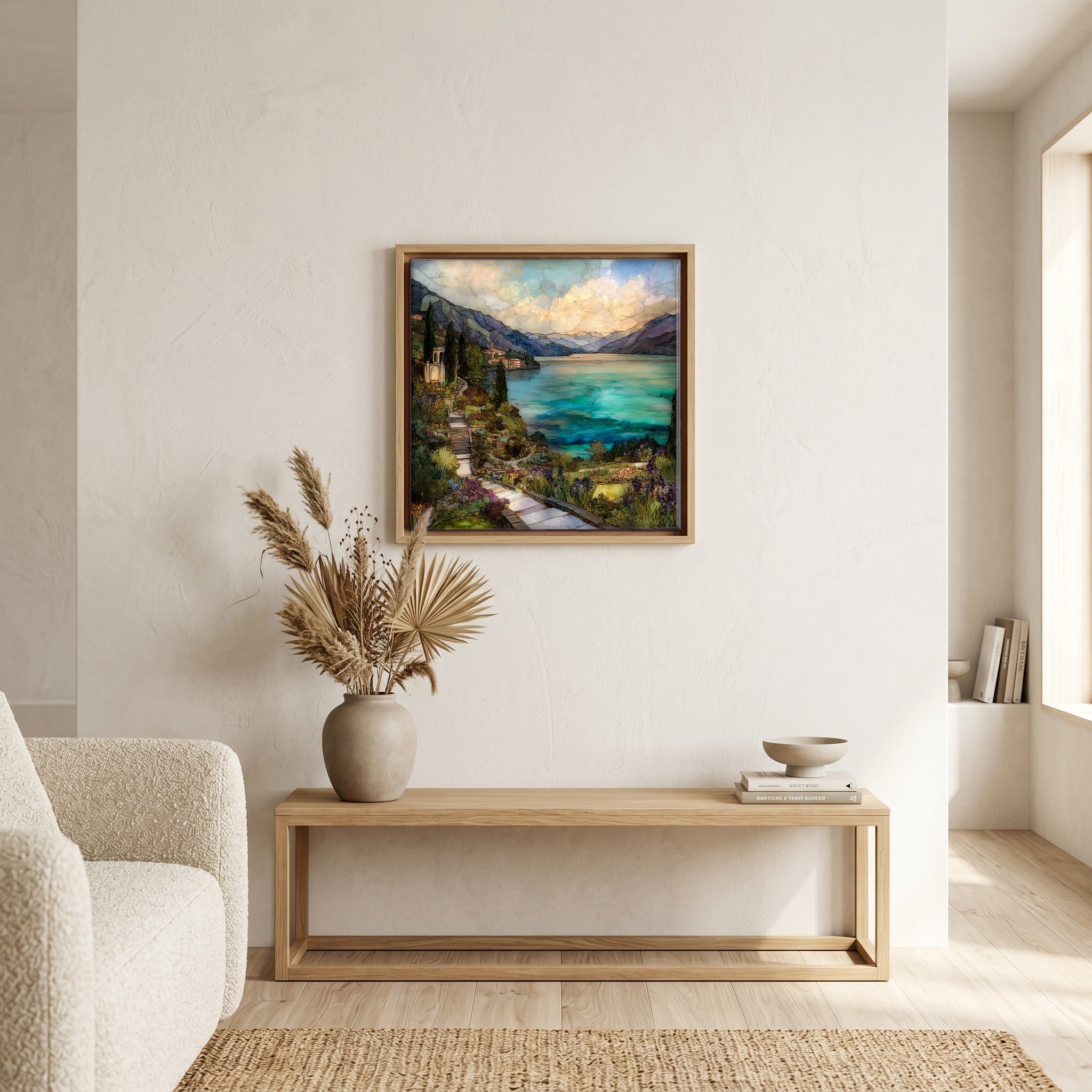 Above the bench, in a warm oak surround.