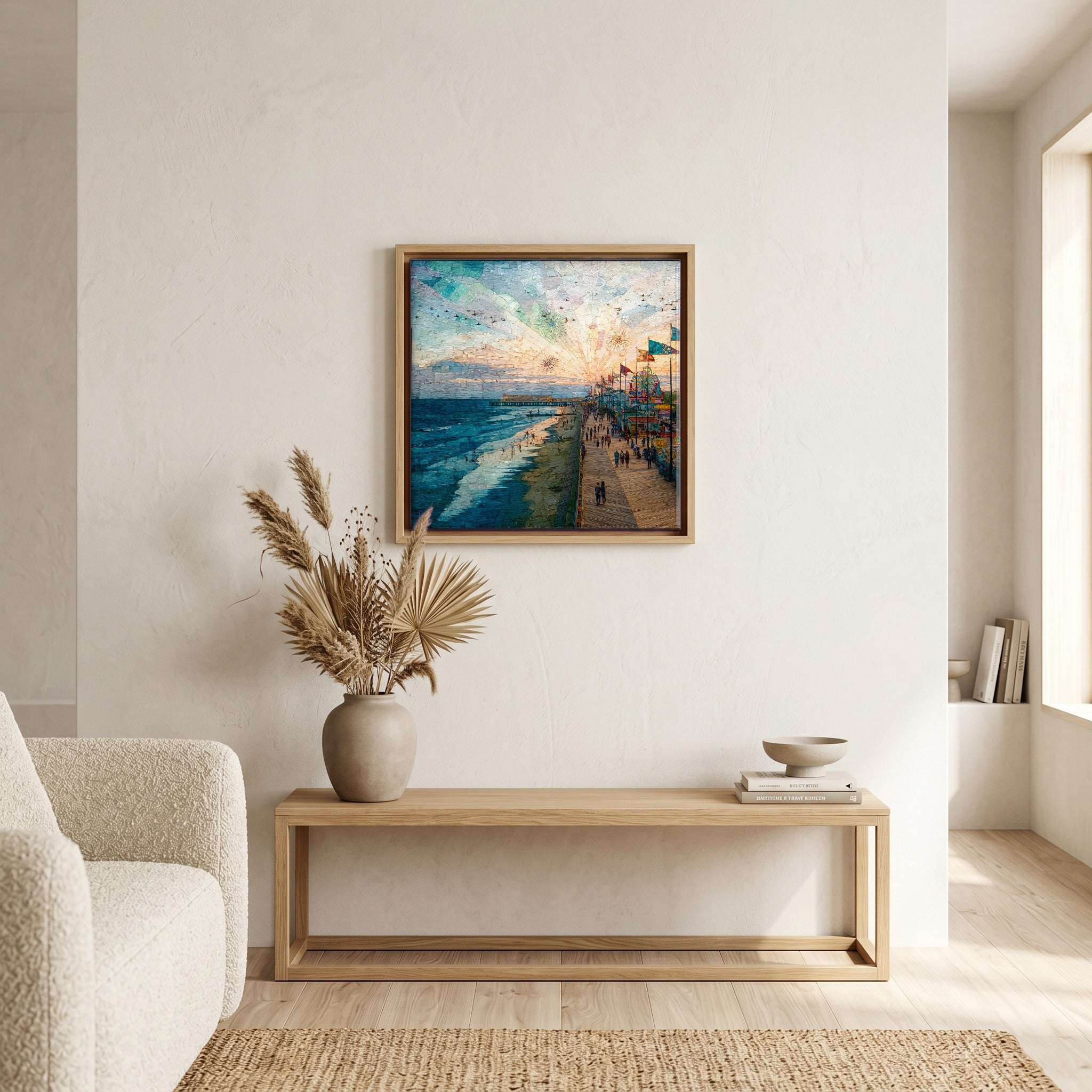 In the living room, above the sofa.
