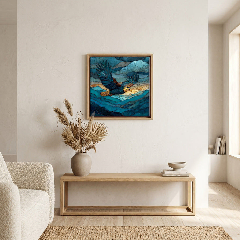 In the living room, above the sofa.