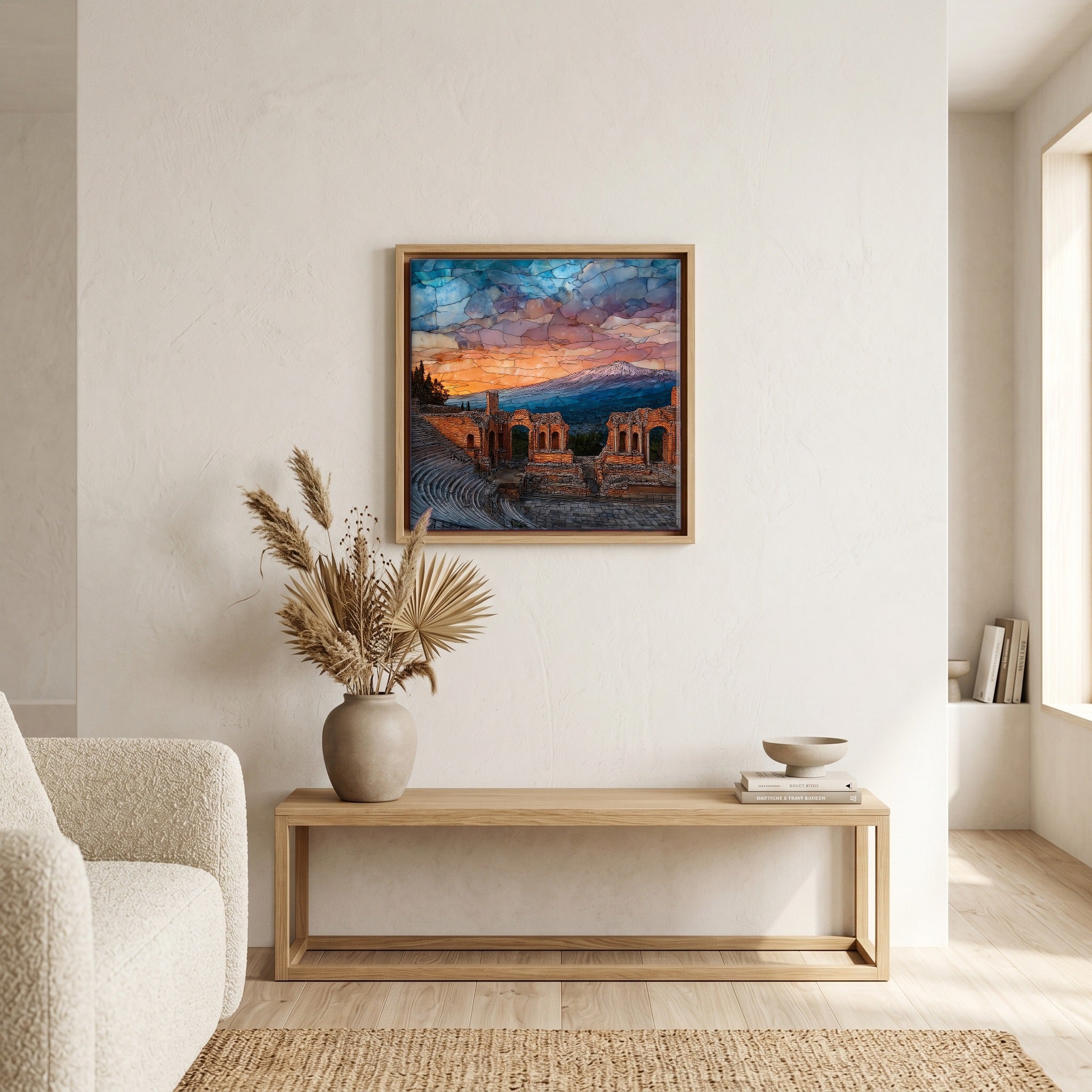 Above the bench, in a warm oak surround.