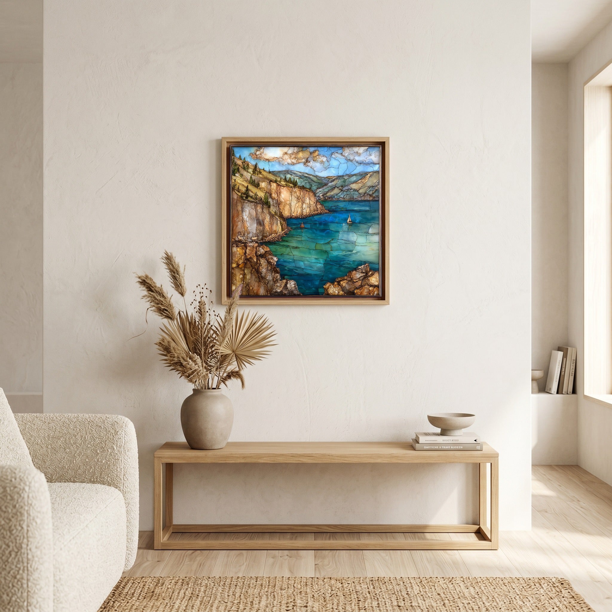 In the living room, above the sofa.