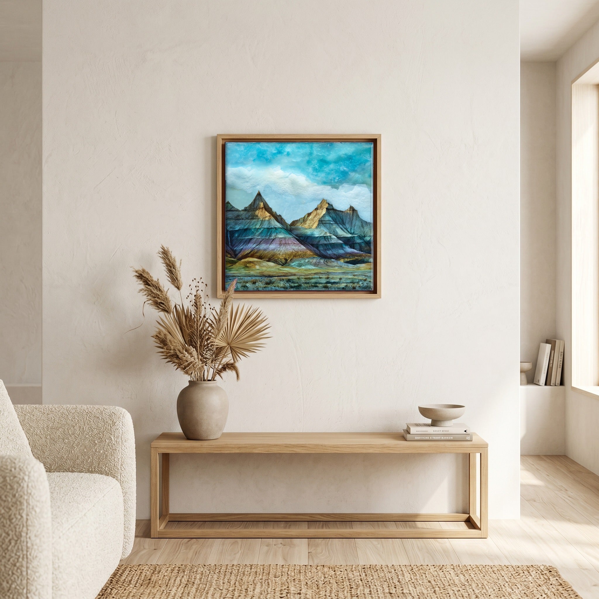 In the living room, above the sofa.