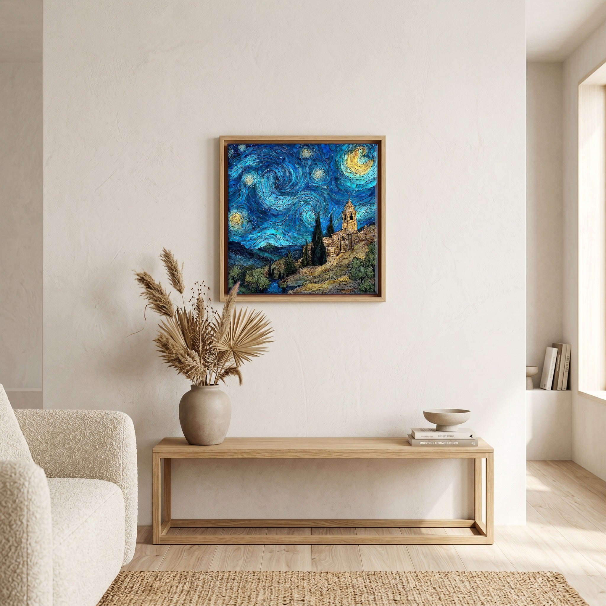 Above the bench, in a warm oak surround.