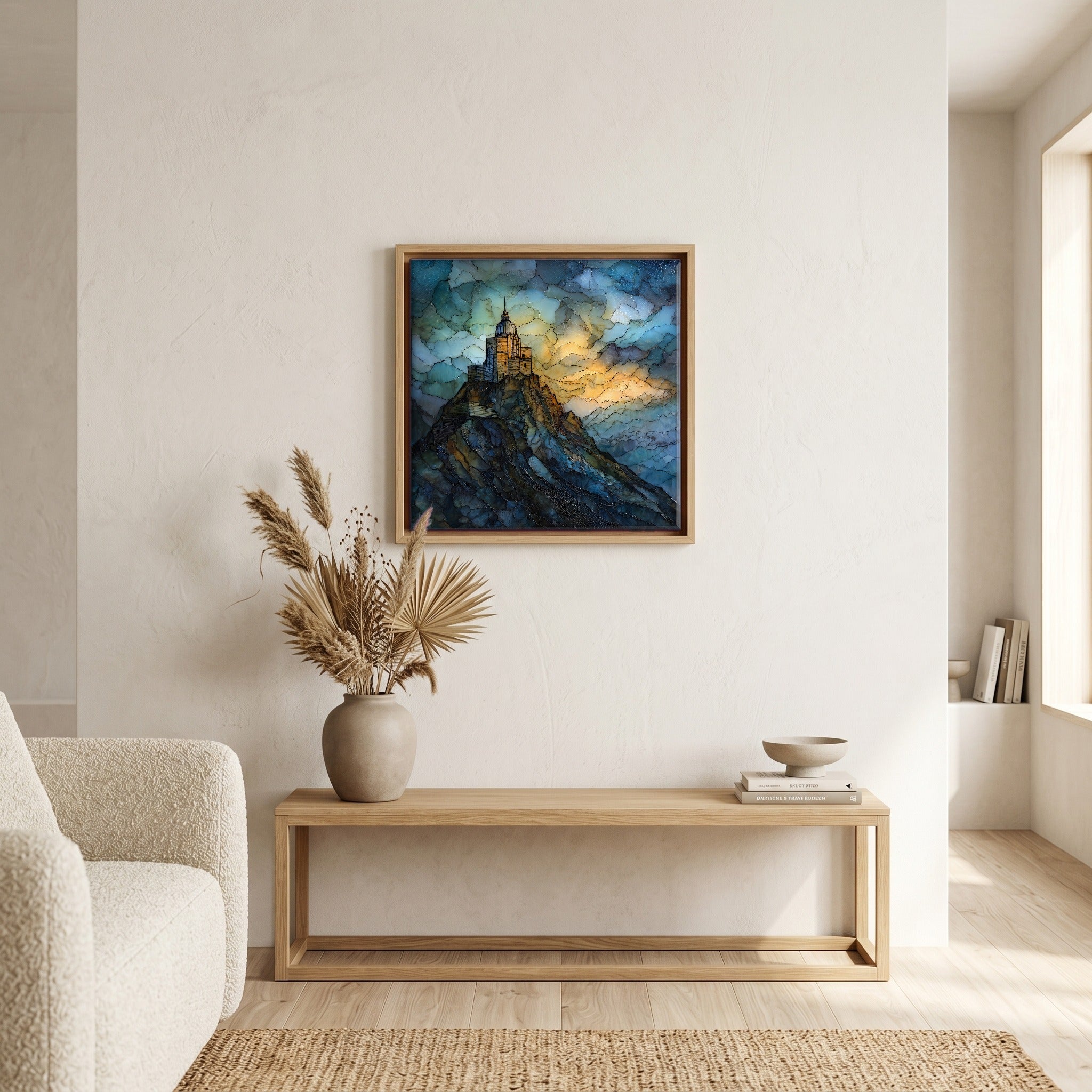 Above the bench, in a warm oak surround.