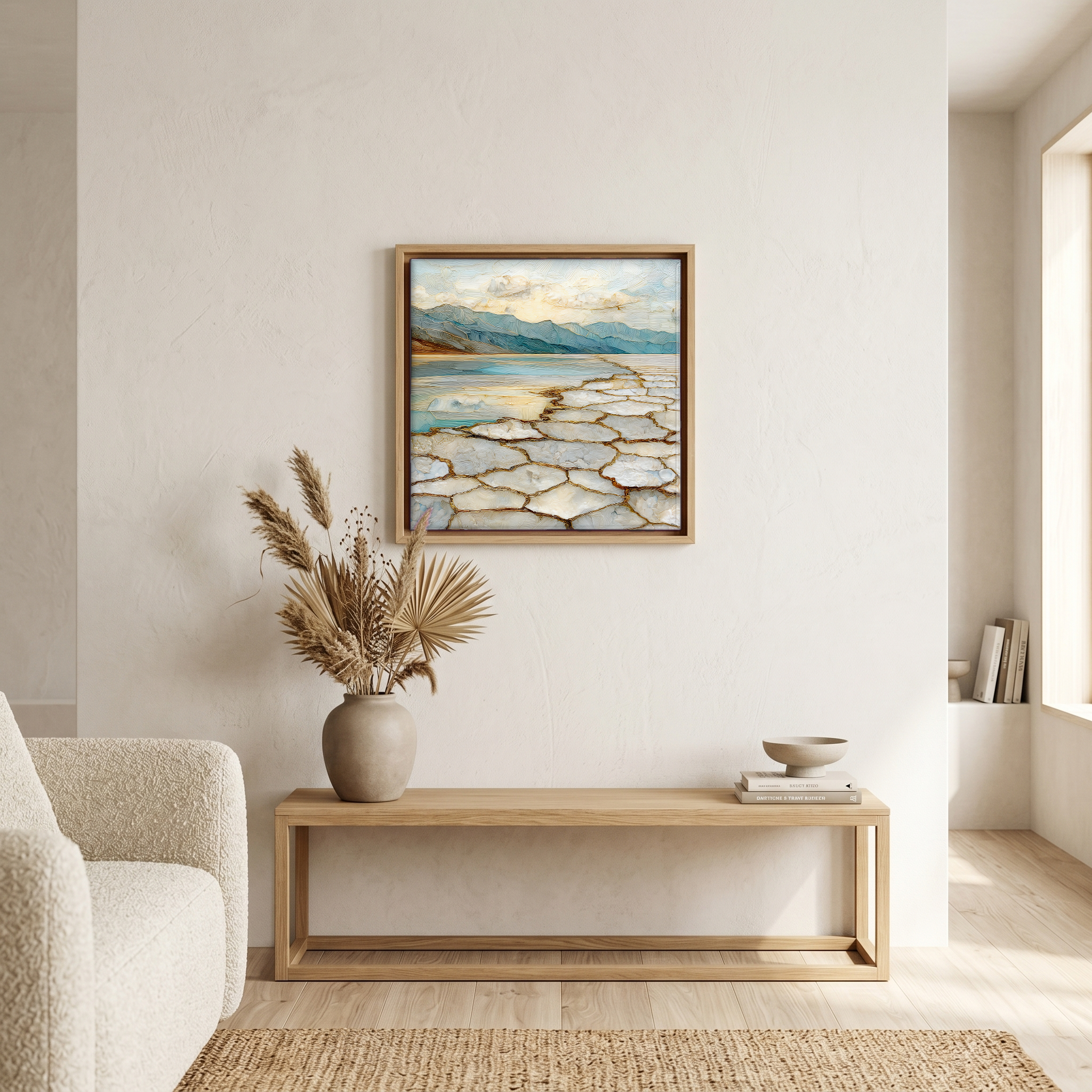 Above the bench, in a warm oak surround.