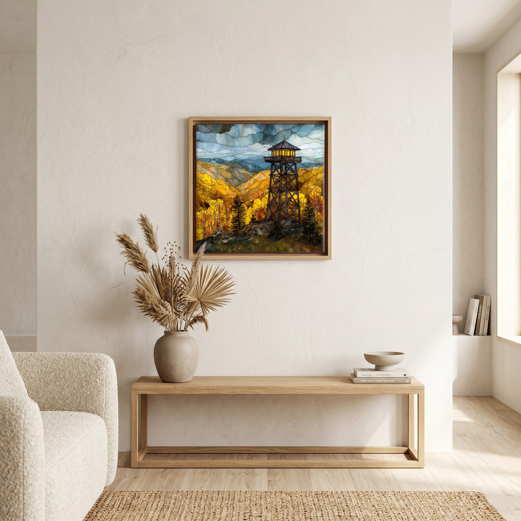 In the living room, above the sofa.