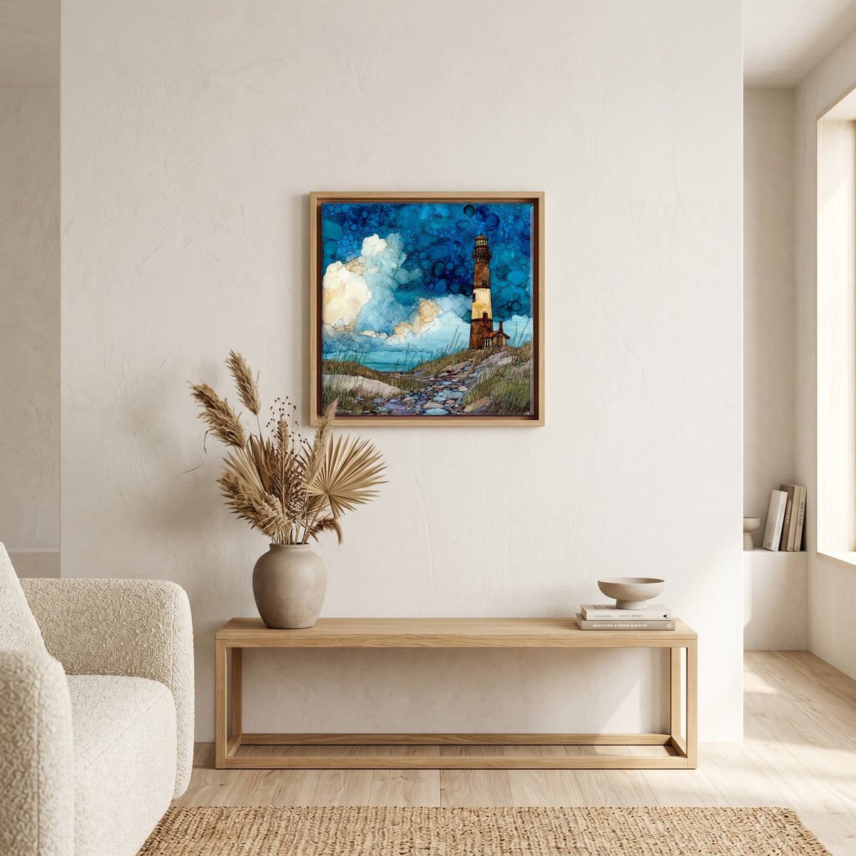 In the living room, above the sofa.