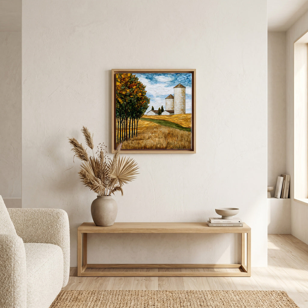 In the living room, above the sofa.