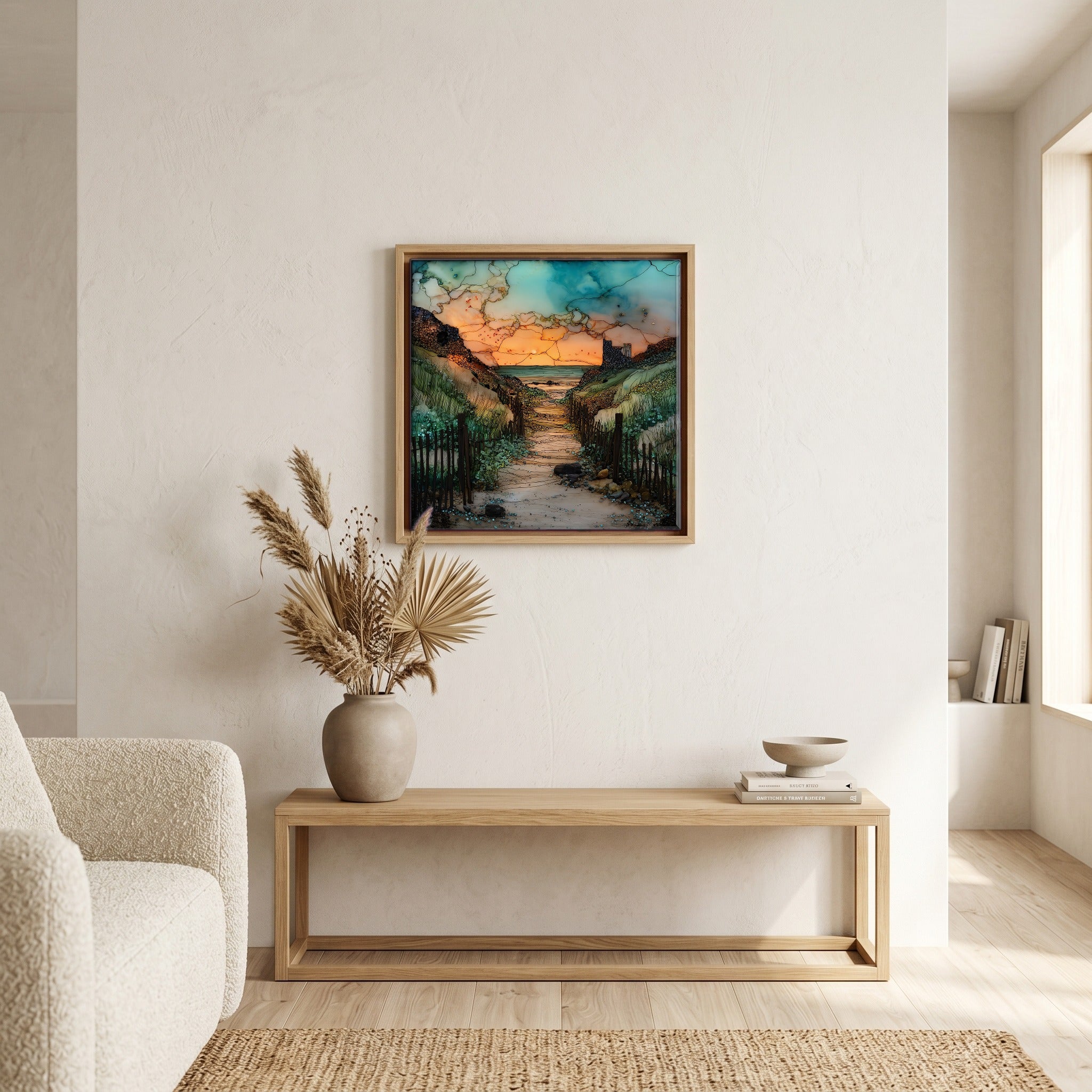 In the living room, above the sofa.