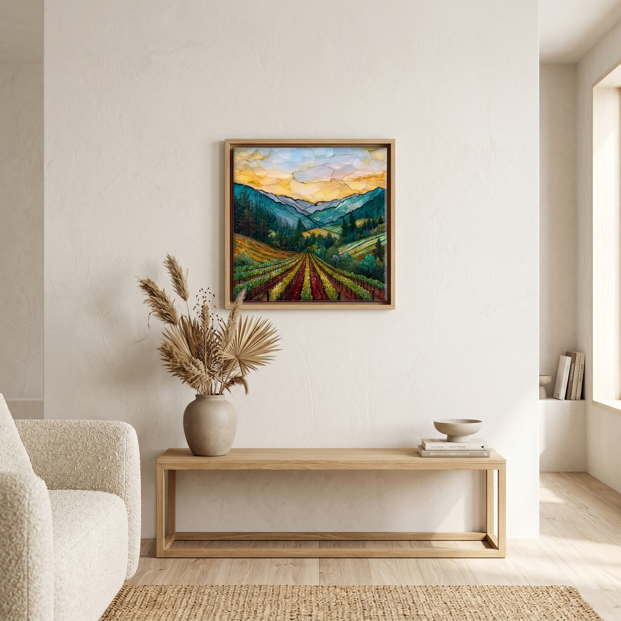 Above the bench, in a warm oak surround.