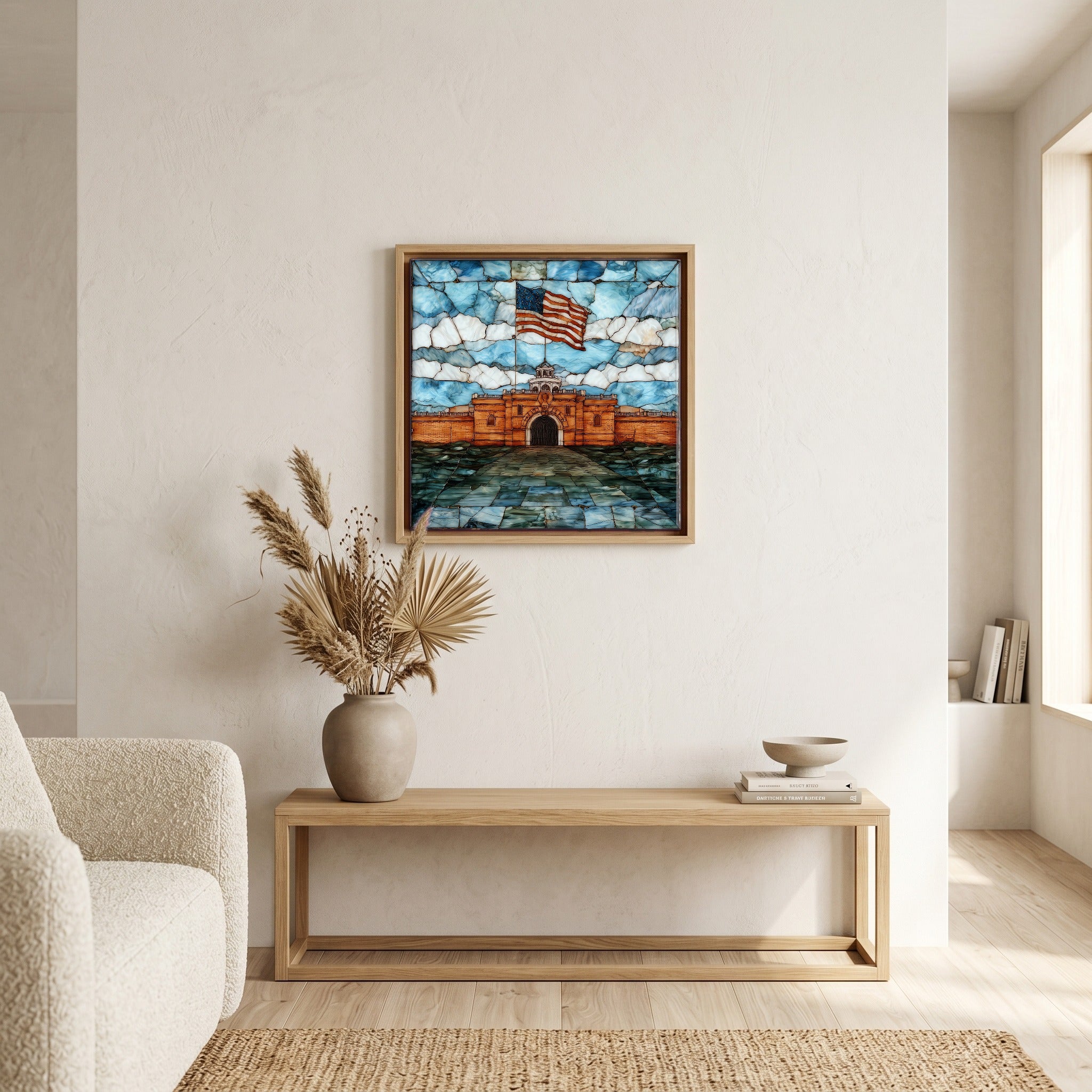 In the living room, above the sofa.