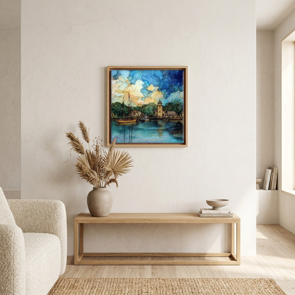 In the living room, above the sofa.