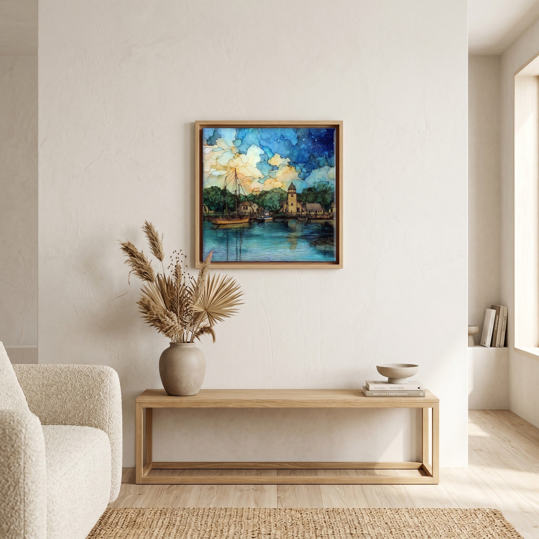 In the living room, above the sofa.
