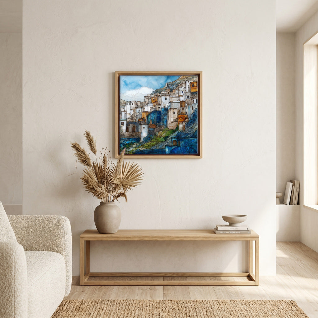 In the living room, above the sofa.