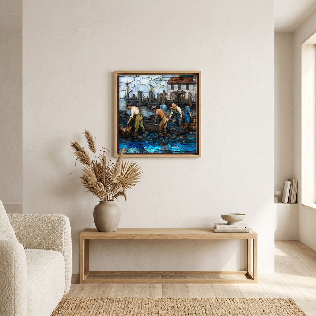 In the living room, above the sofa.