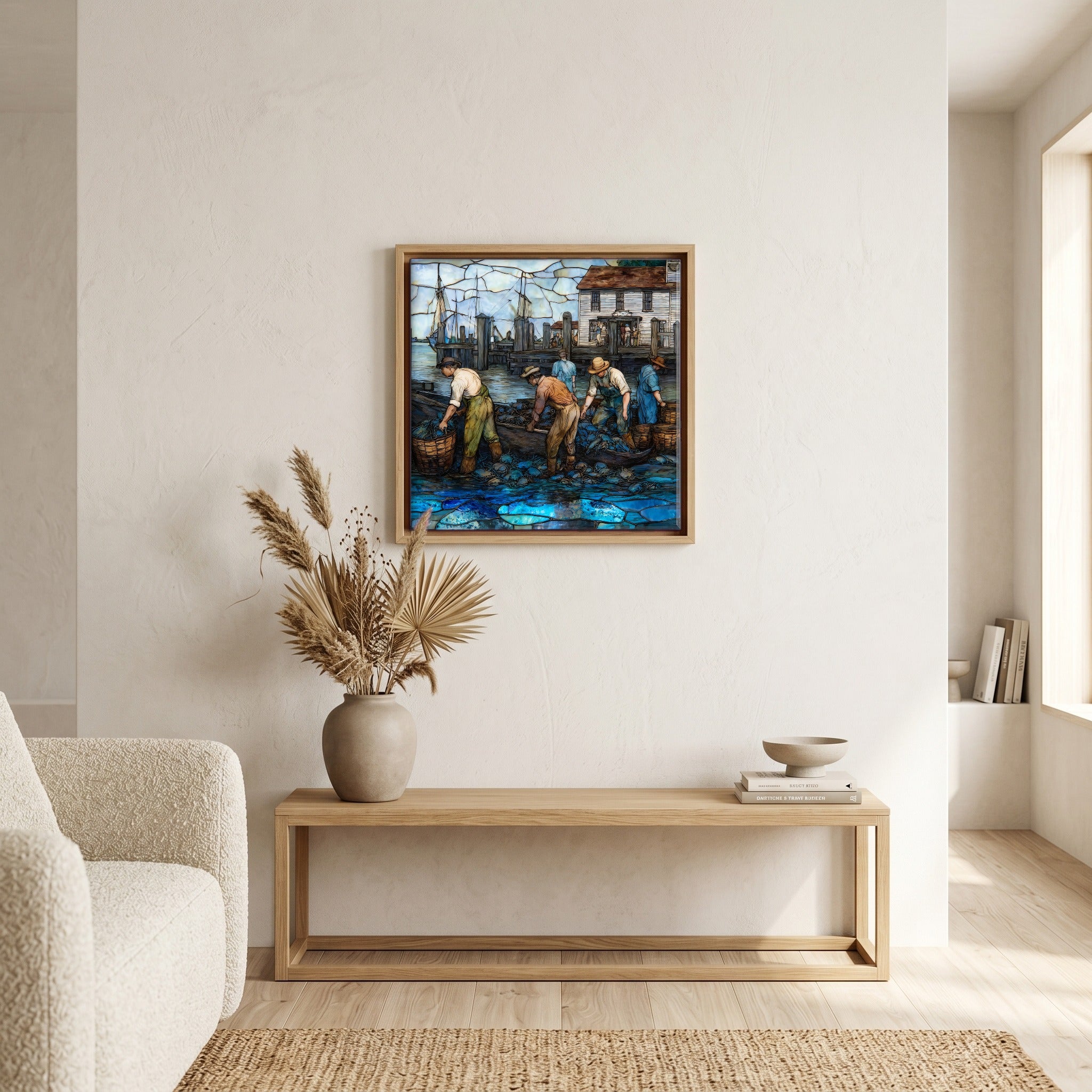 In the living room, above the sofa.