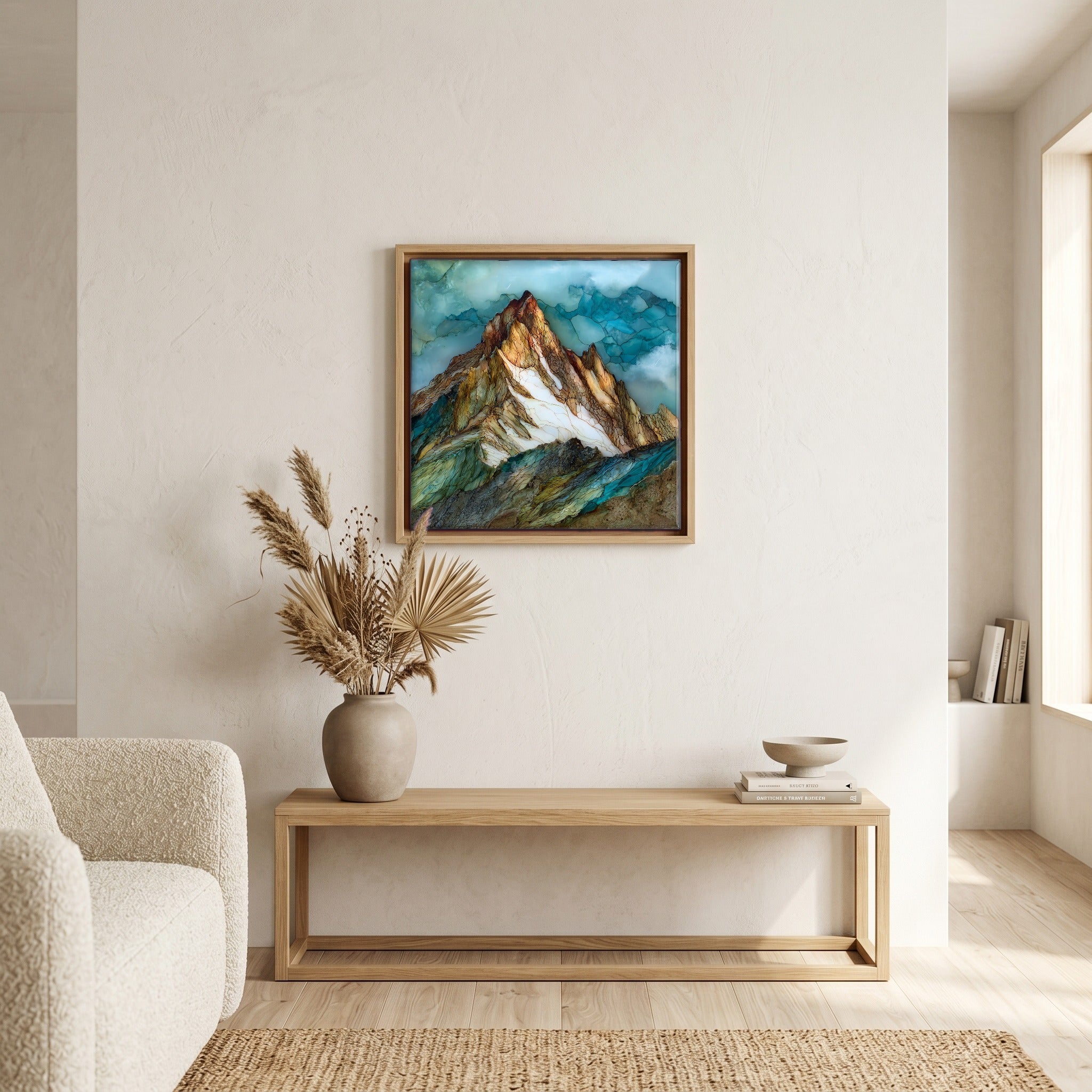 In the living room, above the sofa.