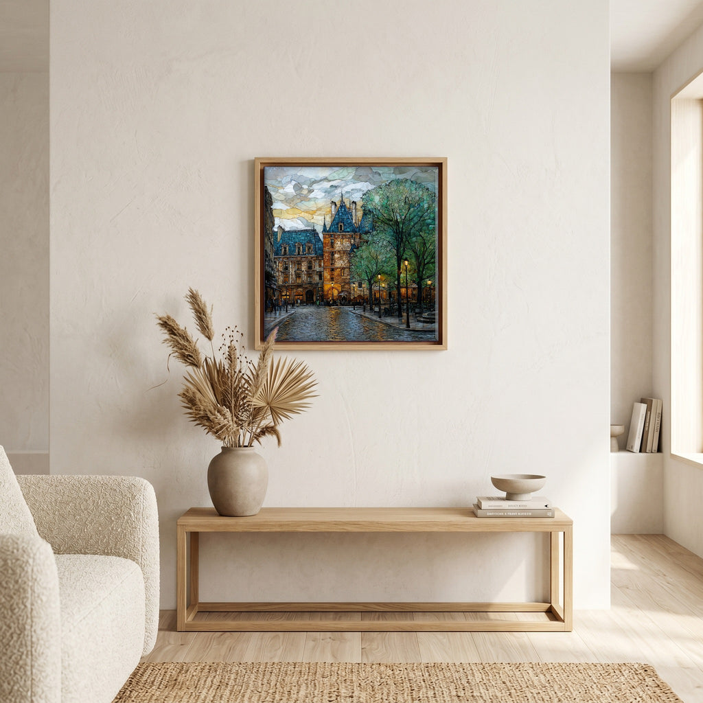 Above the bench, in a warm oak surround.