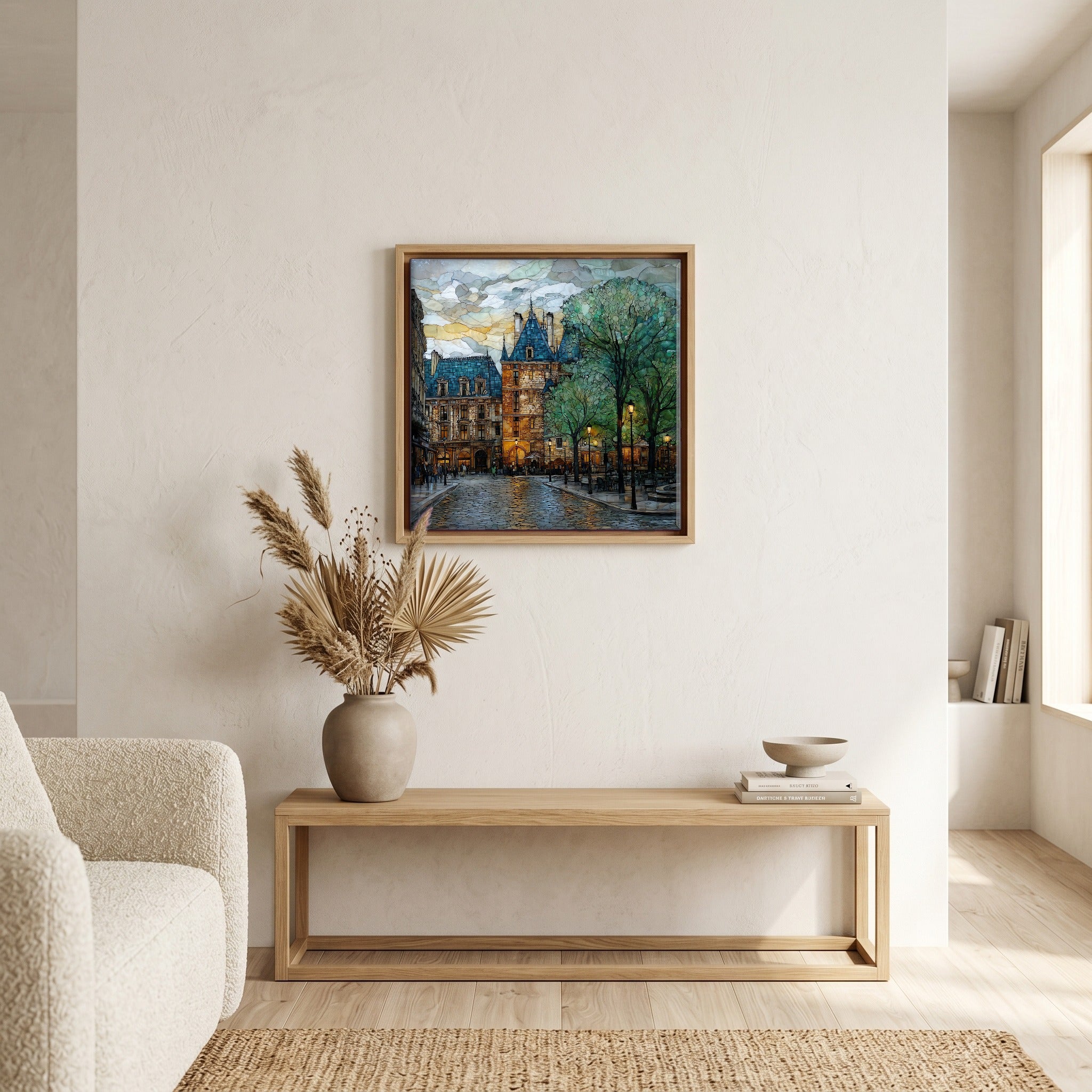 Above the bench, in a warm oak surround.