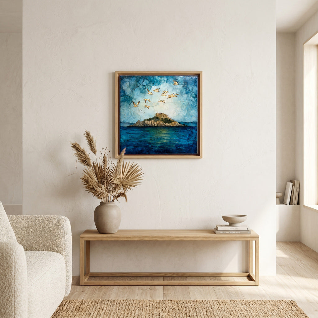 In the living room, above the sofa.