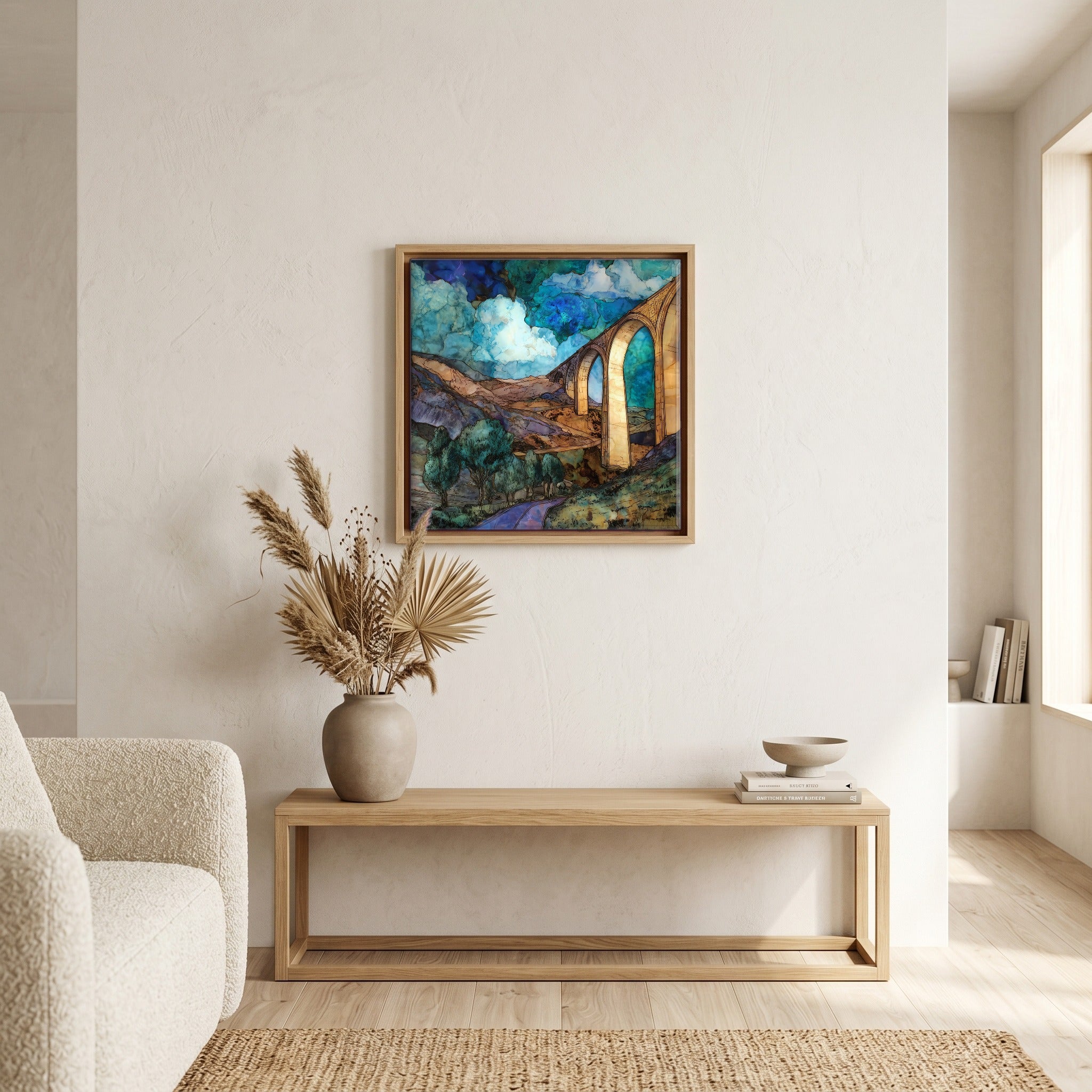In the living room, above the sofa.