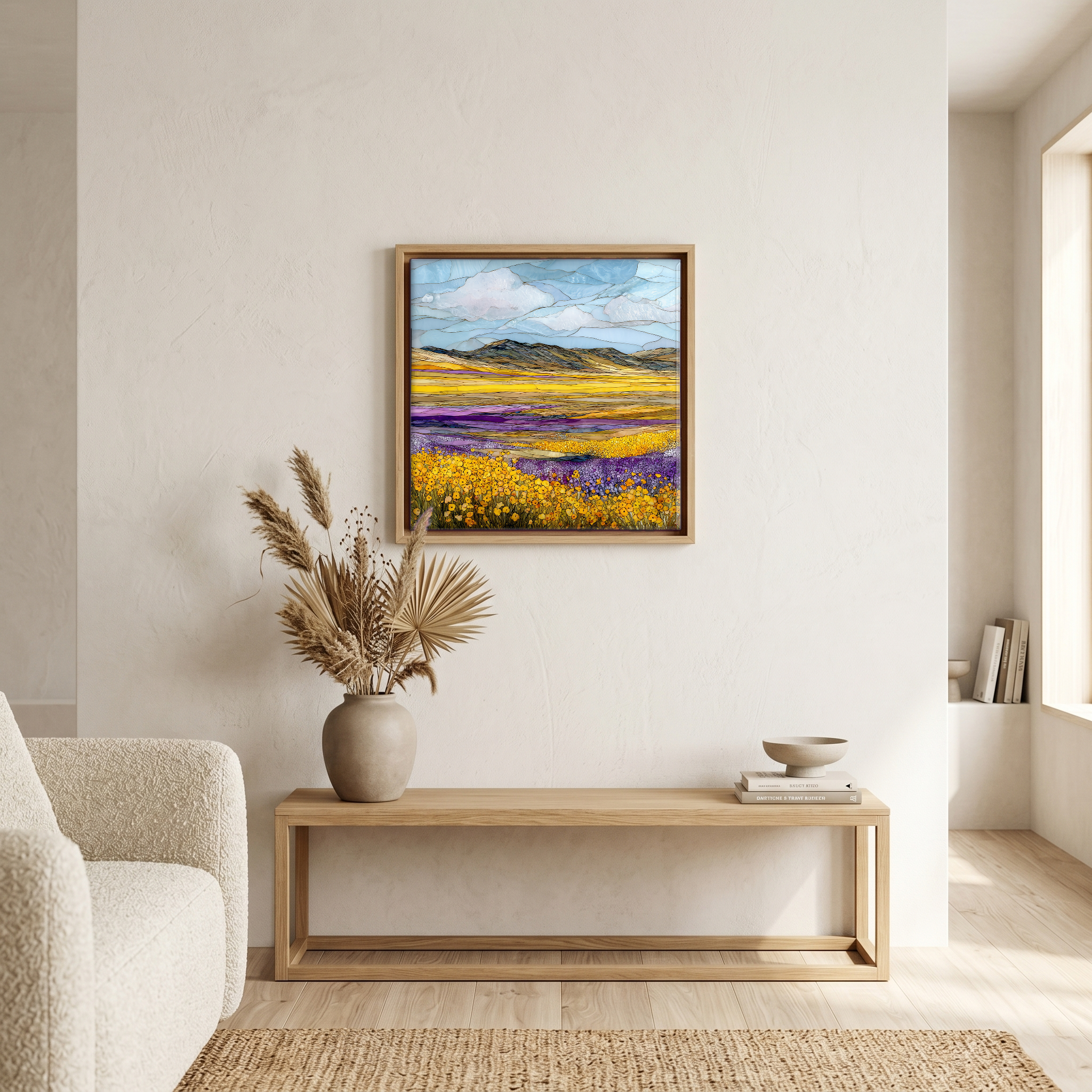 Above the bench, in a warm oak surround.