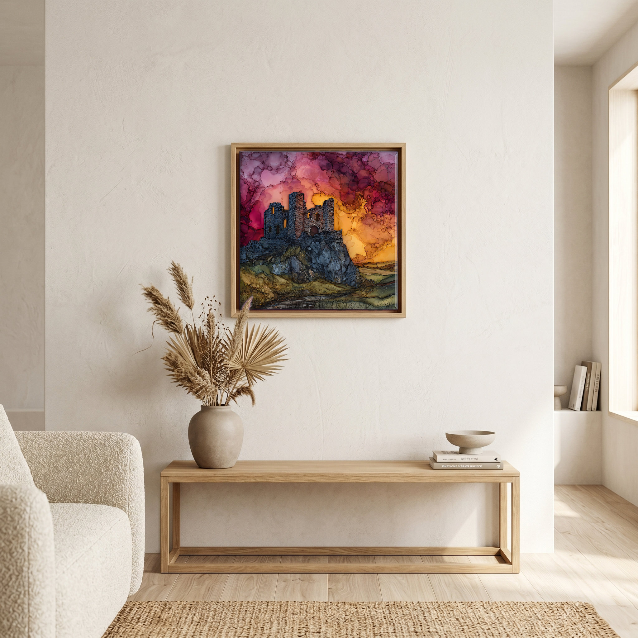 Above the bench, in a warm oak surround.
