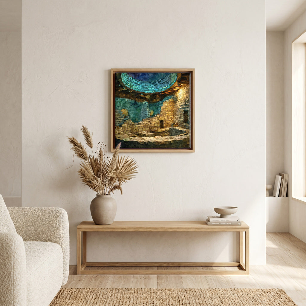 In the living room, above the sofa.